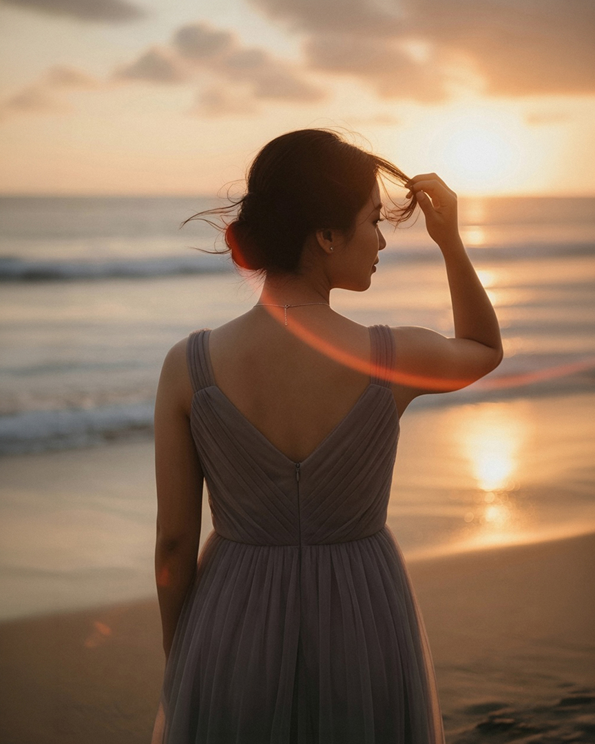 Prewedding beach portrait with flare
